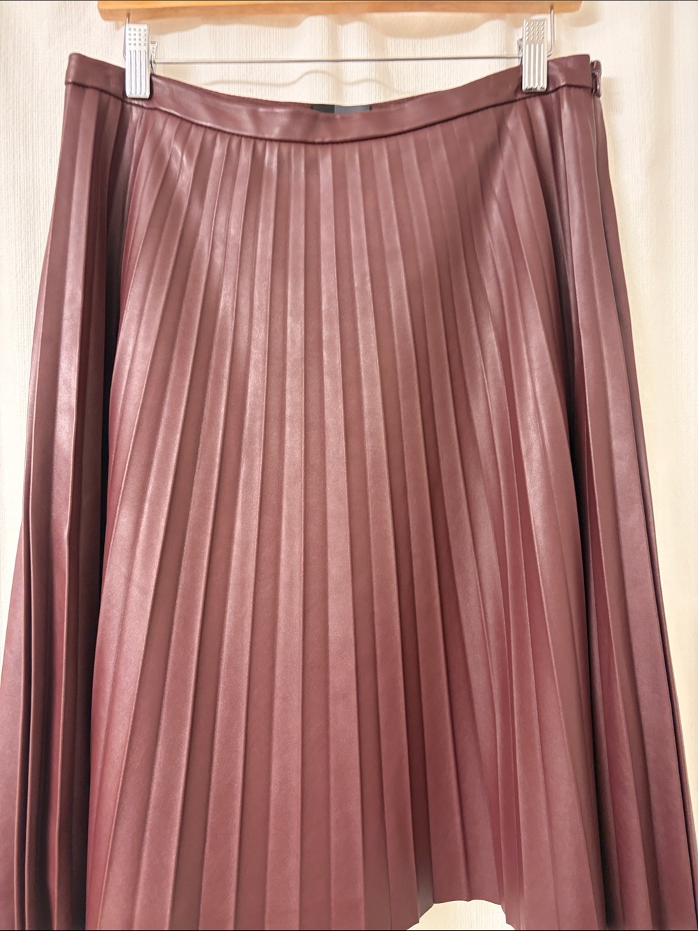 Faux-Leather Pleated Skater Skirt  in Maroon